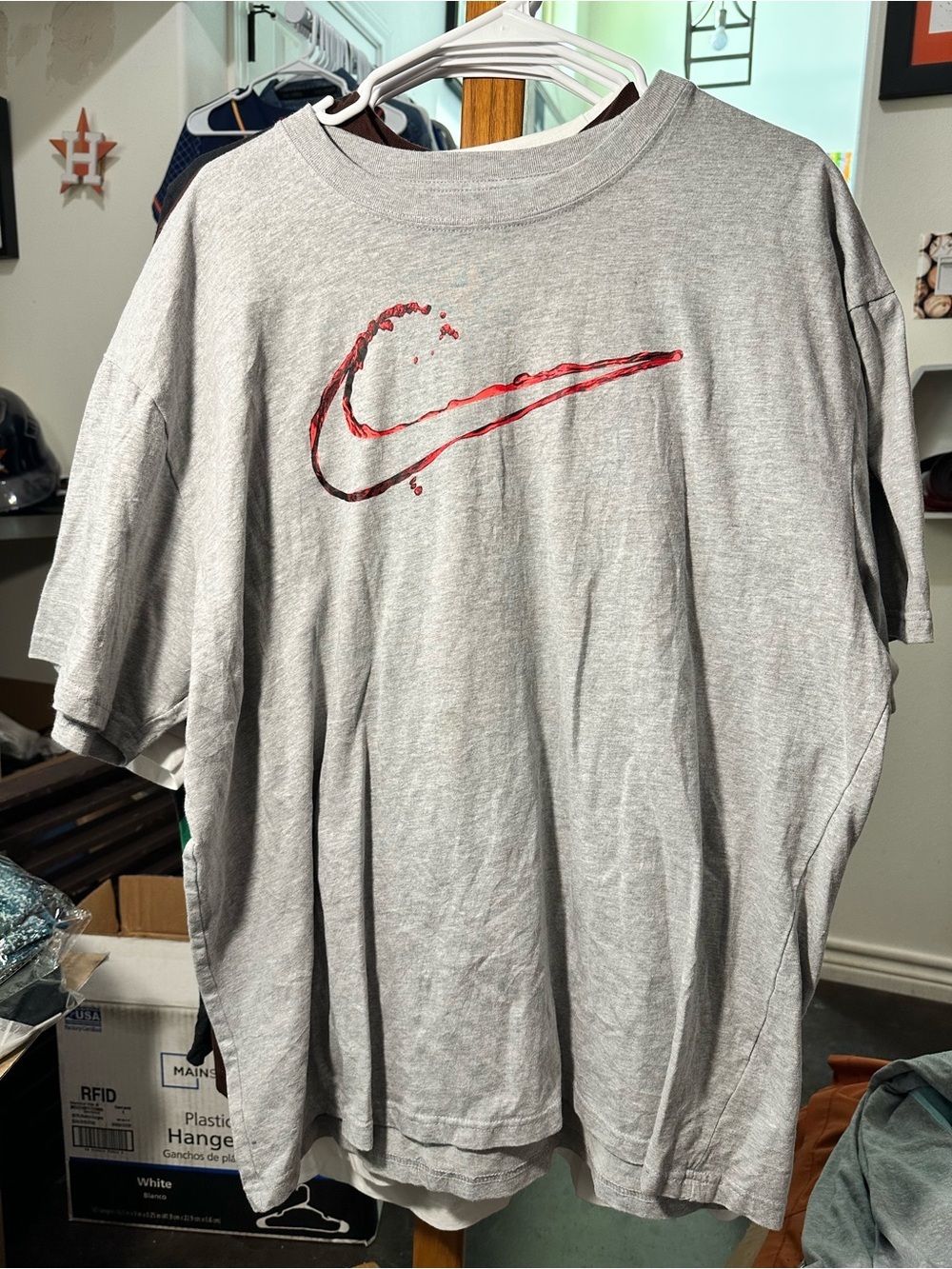 Nike Swim Men's Gray Tee with Red Swoosh Graphic